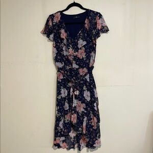 R&K Blue and Pink Tie Front A-line Midi Dress